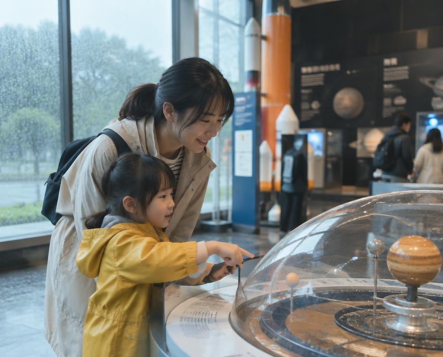 科学館を見学する親子