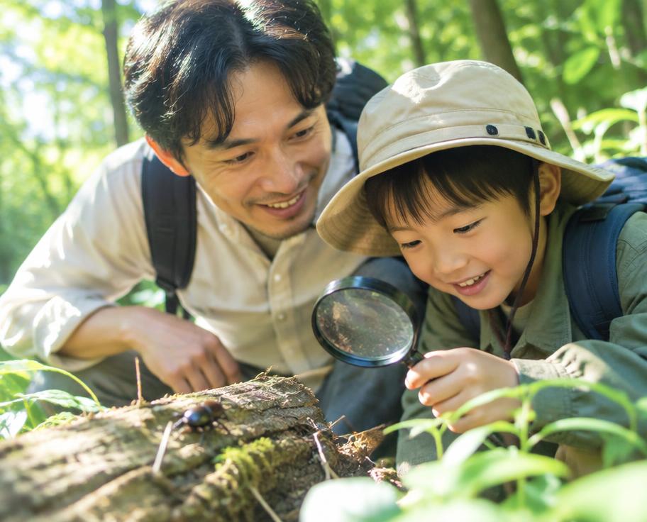 森で昆虫を観察する親子