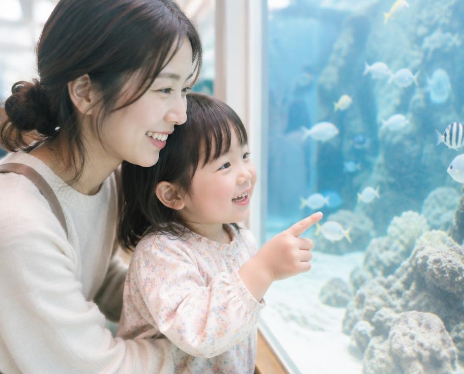 水族館で魚を眺める親子