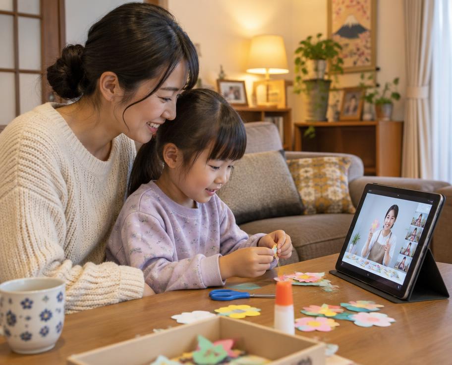 タブレットで工作に参加する親子
