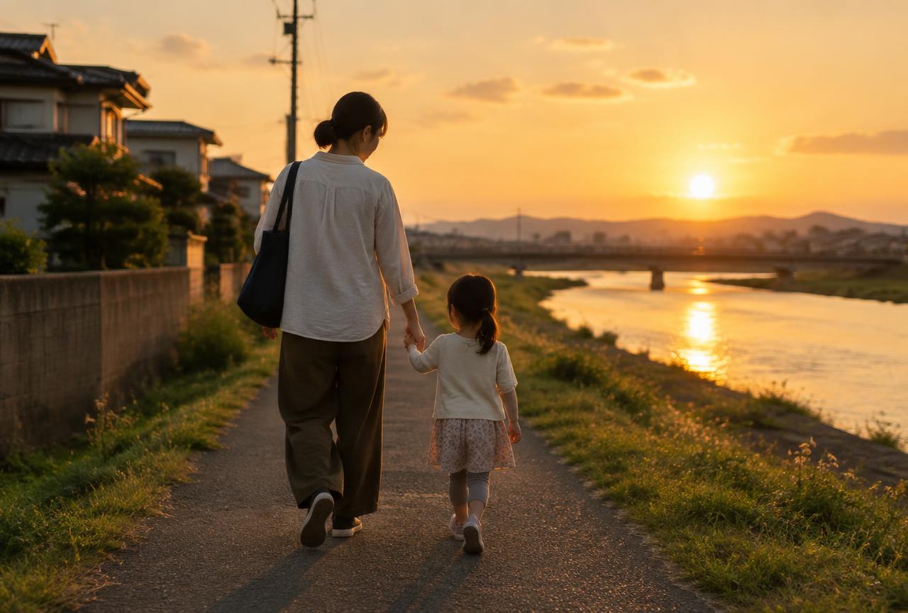 夕暮れの川沿いを手をつないで帰る親子